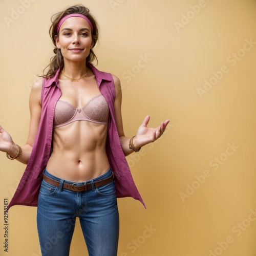 A slender, attractive woman with light skin and dark brown hair, styled in a ponytail. She wears a pink headband, a sleeveless, unbuttoned pink shirt, and blue jeans. photo