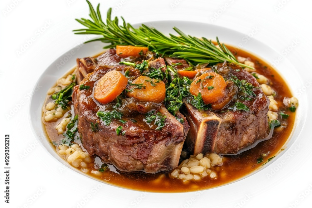 Osso Buco , A Milanese specialty of braised veal shanks cooked with white wine, broth, and vegetables, typically served with gremolata and risotto. Isolated on White Background Osso Buco , A Milanese specialty of braised veal shanks cooked with white wine, broth, and vegetables, typically served with gremolata and risotto. Isolated on White Background