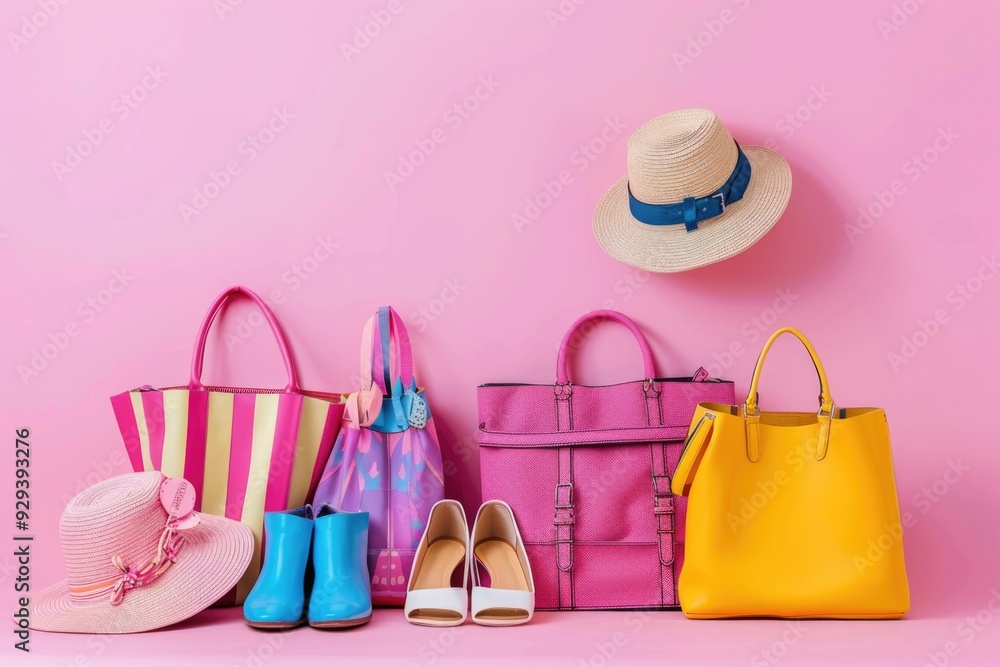 Obraz premium A selection of purses and hats on a bright pink surface, ideal for promoting fashion or beauty products