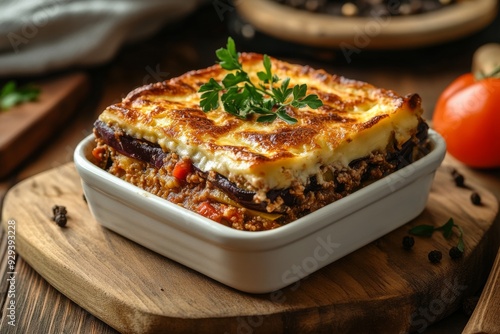 Moussaka, A layered casserole dish made with eggplant, minced meat (usually lamb), tomatoes, and topped with a bÃ©chamel sauce. photo