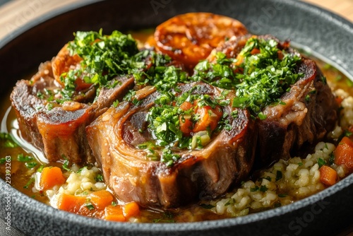 Osso Buco, A Milanese specialty of braised veal shanks cooked with white wine, broth, and vegetables, typically served with gremolata and risotto.