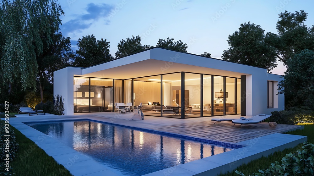 Modern house with pool and large windows overlooking a backyard. Modern house with pool and large windows overlooking a backyard.