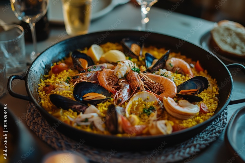 Paella, A rice dish originally from Valencia, made with a variety of seafood, meat (such as chicken or rabbit), vegetables, and seasoned with saffron and other spices. Paella, A rice dish originally from Valencia, made with a variety of seafood, meat (such as chicken or rabbit), vegetables, and seasoned with saffron and other spices.