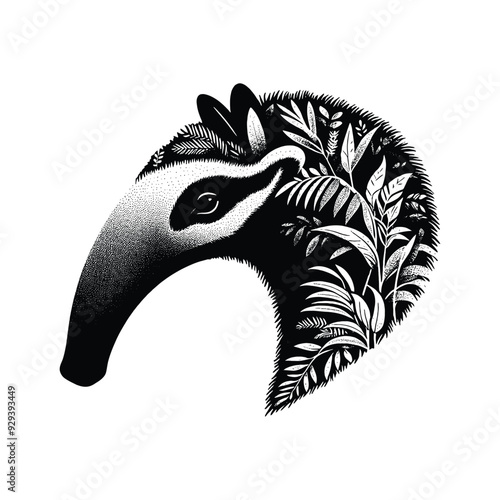 Anteater silhouette, filled with tropical plant in the jungle in rough drawing,