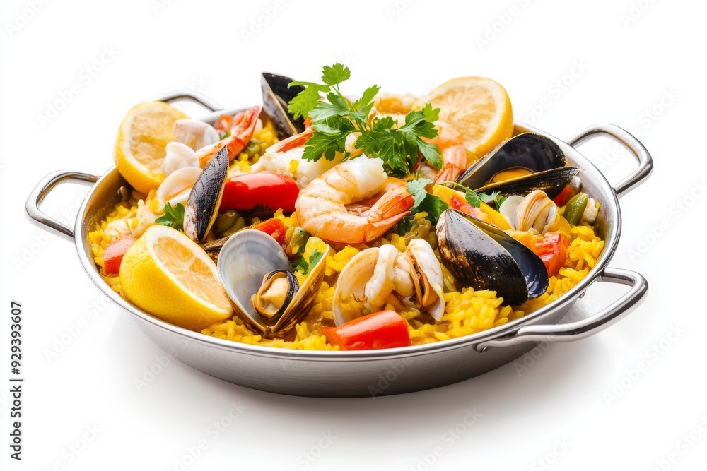 Paella, A rice dish originally from Valencia, made with a variety of seafood, meat (such as chicken or rabbit), vegetables, and seasoned with saffron and other spices. isolated on white background Paella, A rice dish originally from Valencia, made with a variety of seafood, meat (such as chicken or rabbit), vegetables, and seasoned with saffron and other spices. isolated on white background