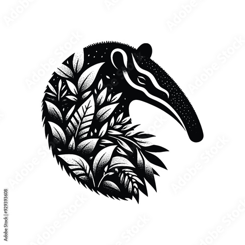 Anteater silhouette, filled with tropical plant in the jungle in rough drawing,