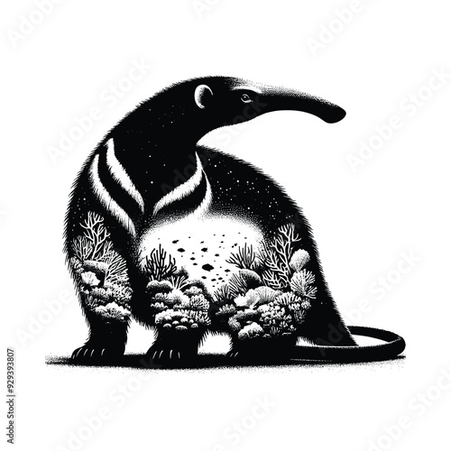 Anteater silhouette, filled with underwater view with coral in rough drawing,