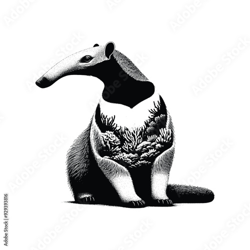 Anteater silhouette, filled with underwater view with coral in rough drawing,