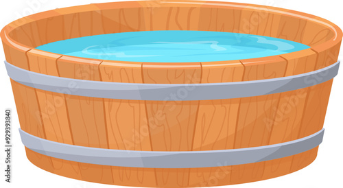 Wooden tub cartoon icon. Rustic water bath