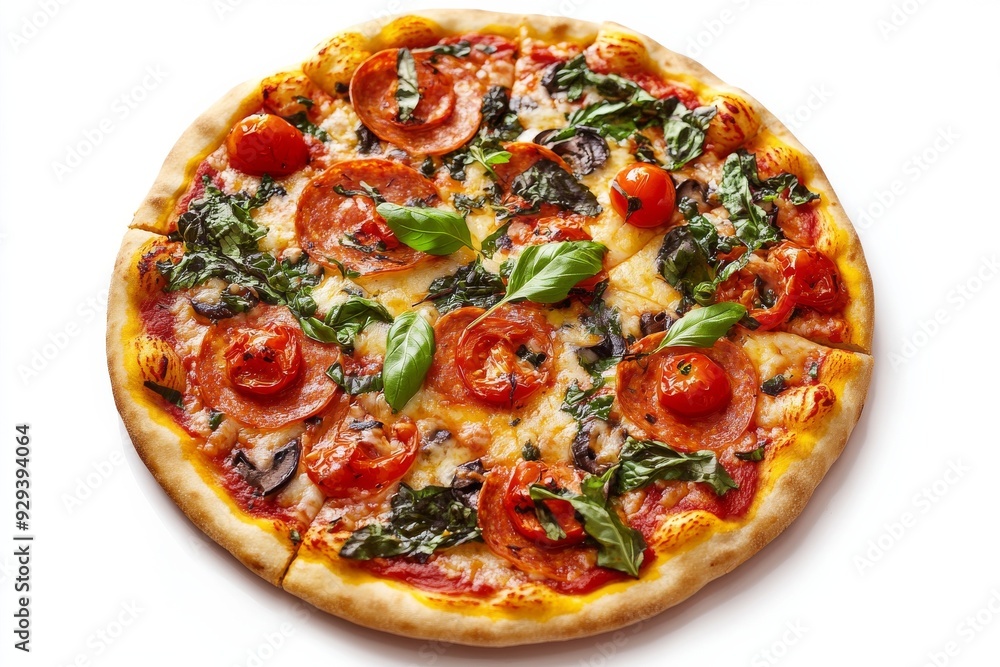 Pizza, A dish made with a flat, round base of dough baked with a topping of tomato sauce and cheese, often with additional toppings such as meats, vegetables, and herbs. isolated on white background Pizza, A dish made with a flat, round base of dough baked with a topping of tomato sauce and cheese, often with additional toppings such as meats, vegetables, and herbs. isolated on white background