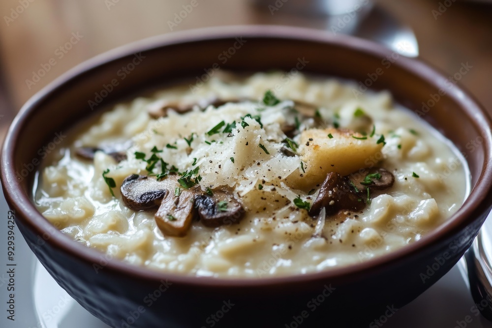 Risotto, A creamy rice dish cooked with broth until it reaches a smooth consistency, often made with ingredients such as mushrooms, seafood, or saffron. Risotto, A creamy rice dish cooked with broth until it reaches a smooth consistency, often made with ingredients such as mushrooms, seafood, or saffron.