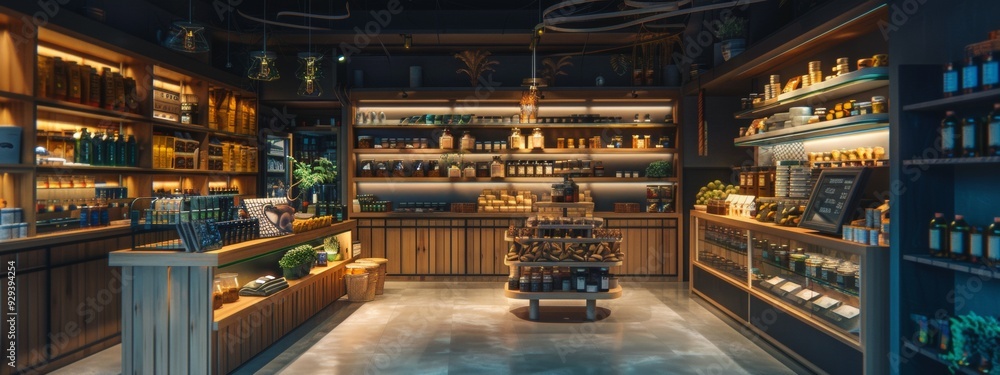 Cozy boutique store with wooden shelves and ambient lighting Cozy boutique store with wooden shelves and ambient lighting