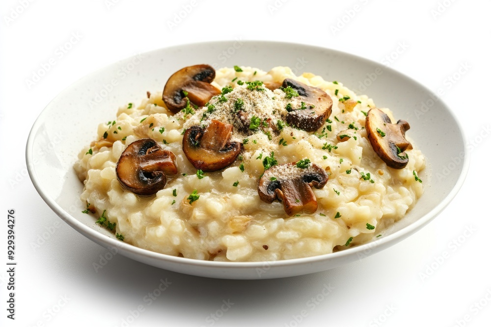 Risotto, A creamy rice dish cooked with broth until it reaches a smooth consistency, often made with ingredients such as mushrooms, seafood, or saffron. Isolated on White Background Risotto, A creamy rice dish cooked with broth until it reaches a smooth consistency, often made with ingredients such as mushrooms, seafood, or saffron. Isolated on White Background