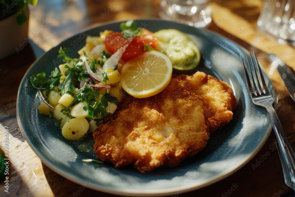Wiener Schnitzel, A breaded and deep-fried veal cutlet, traditionally served with a slice of lemon and potato salad or fries. Wiener Schnitzel, A breaded and deep-fried veal cutlet, traditionally served with a slice of lemon and potato salad or fries.
