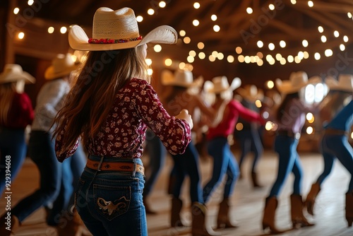 Cowgirls line dancing in a rustic barn during an evening country dance event