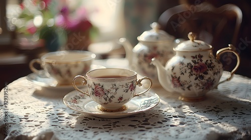 Wallpaper Mural Vintage Tea Set on Lace Tablecloth. Torontodigital.ca