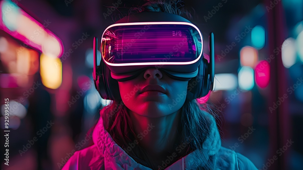 Young Woman Wearing VR Headset in Neon City. Young Woman Wearing VR Headset in Neon City.