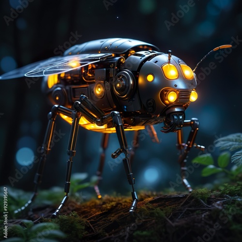 Illuminated mechanical bee in a forest photo