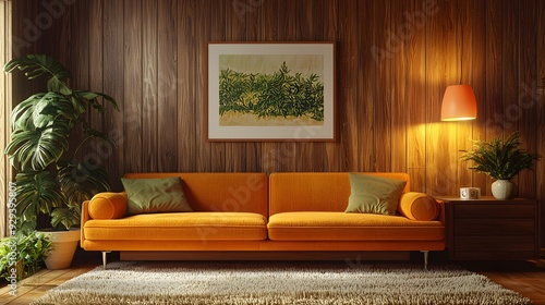 Mid-Century Modern Living Room Interior with Orange Sofa and Wooden Walls.
