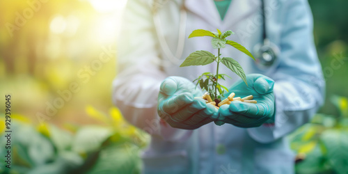 Medical professional in gloves holding a young plant with capsules symbolizing the fusion of nature and modern medicine photo