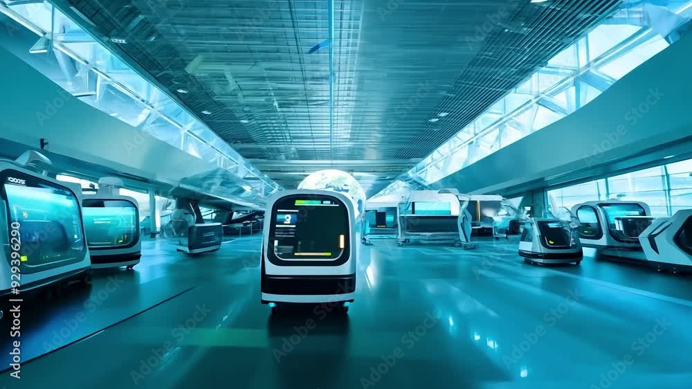 Futuristic autonomous shuttle in glowing globe exhibition hall Futuristic autonomous shuttle in glowing globe exhibition hall