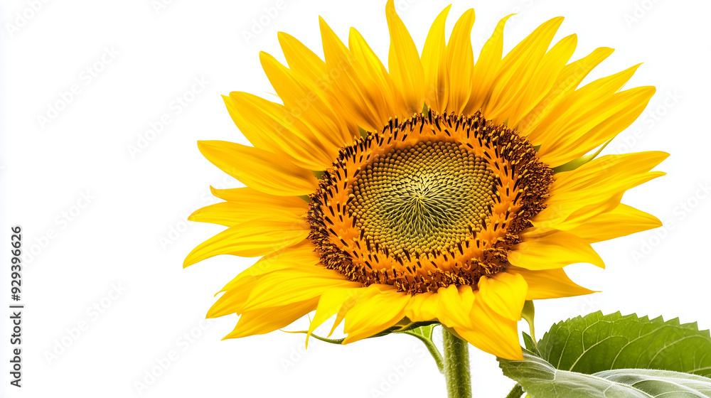 Fototapeta premium A vibrant, close-up photograph of a fully bloomed yellow sunflower with intricate details of its seeds and petals against a white background.
