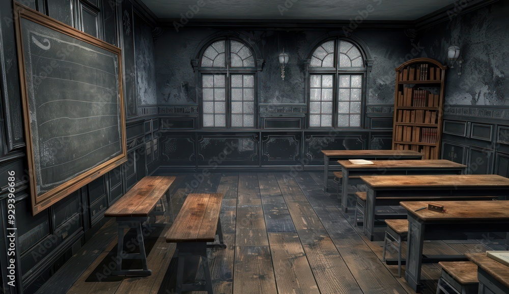 Old-style classroom with dark grey walls, a left-sided blackboard, and wooden desks, 3D illustration Old-style classroom with dark grey walls, a left-sided blackboard, and wooden desks, 3D illustration