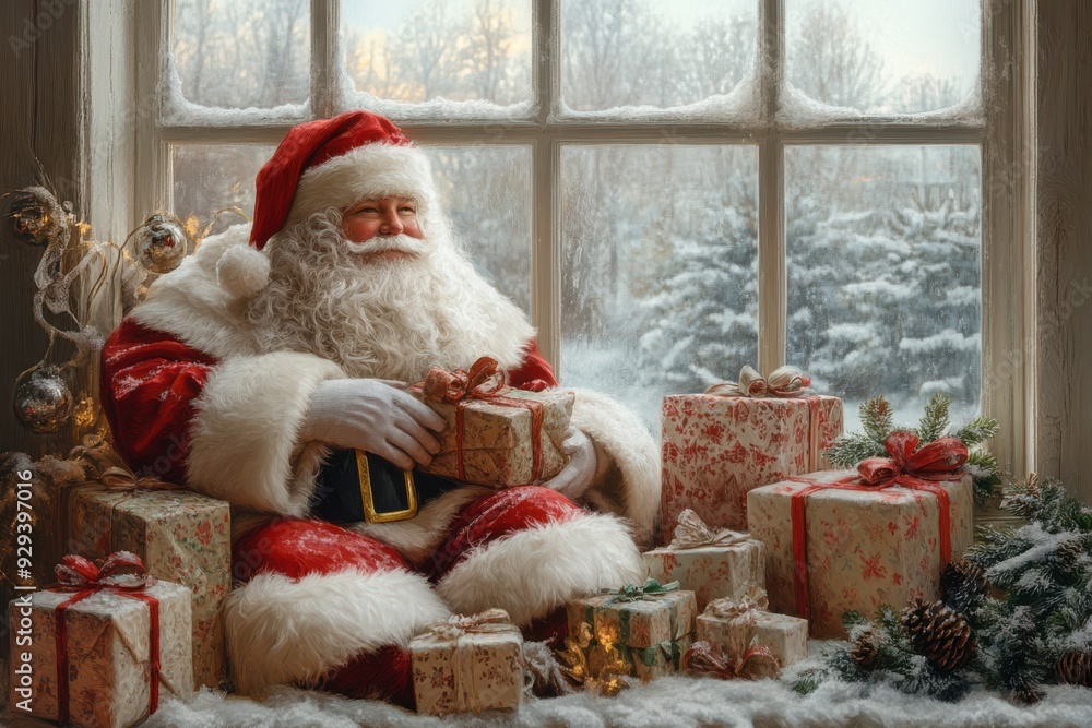 Fototapeta premium Santa Claus sits by a frosted window, holding a wrapped gift in a cozy, snow-covered room. The scene captures the warmth and magic of Christmas, with Santa embracing the holiday spirit. 