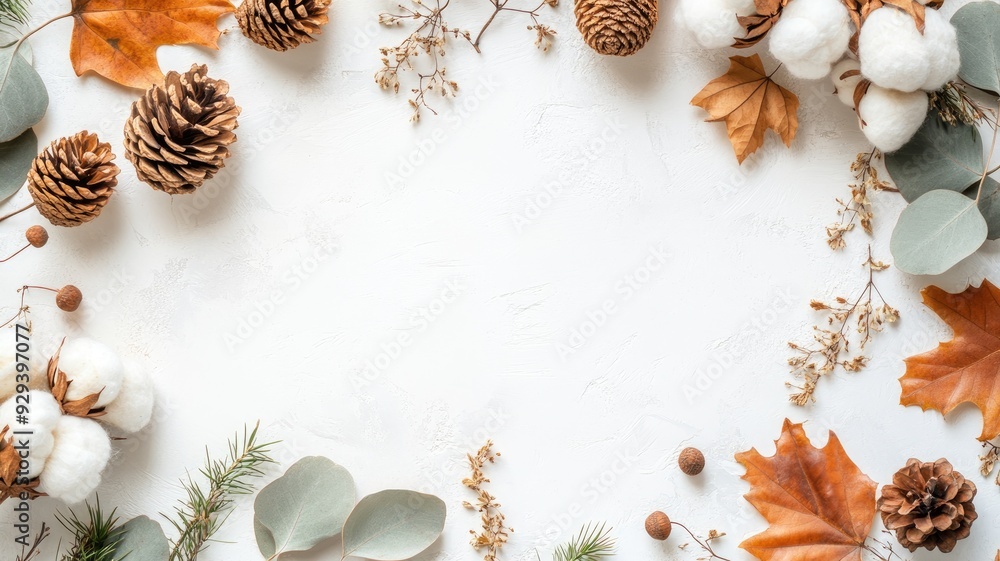 Autumn decor with pinecones, leaves, cotton, branches on white background Autumn decor with pinecones, leaves, cotton, branches on white background