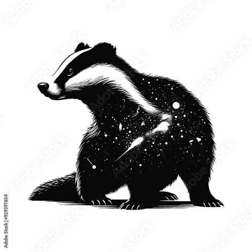 silhouette of Badger silhouette, filled with space and sci-fi element in rough drawing,