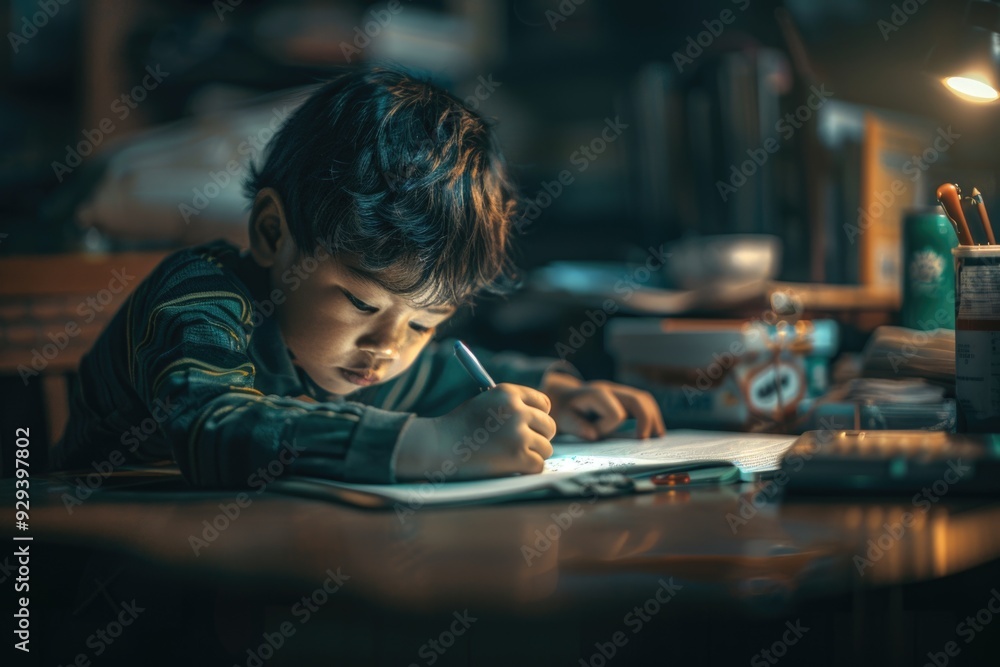 A young boy is focused on writing on a piece of paper, possibly working on a school assignment or creative project A young boy is focused on writing on a piece of paper, possibly working on a school assignment or creative project