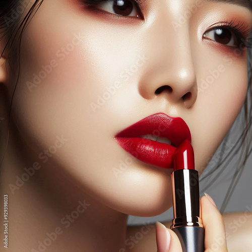 Makeup woman applying red lipstick in lips