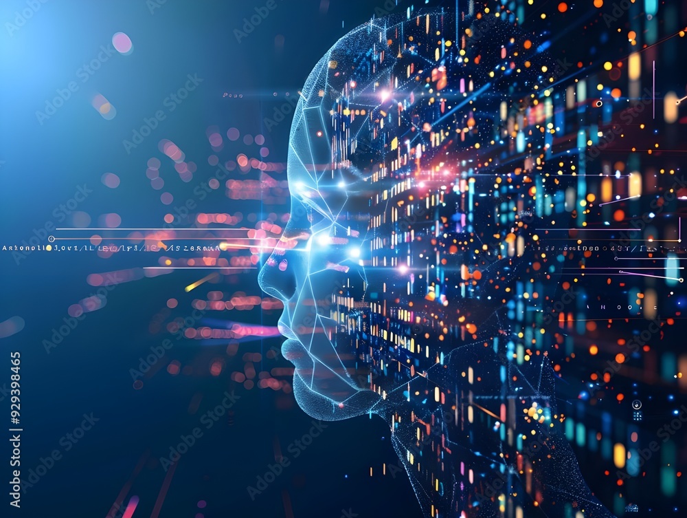 A profile view of an AI head with digital code and data streams flowing from it, symbolizing the connection between artificial intelligence technology and coding. A profile view of an AI head with digital code and data streams flowing from it, symbolizing the connection between artificial intelligence technology and coding.