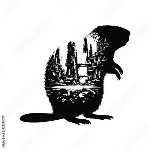 silhouette of Beaver silhouette, filled with destroyed futuristic dystopia environment in rough drawing,