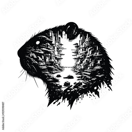 silhouette of Beaver silhouette, filled with destroyed futuristic dystopia environment in rough drawing,