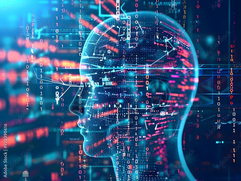 Fototapeta premium A profile view of an AI head with digital code and data streams flowing around it.