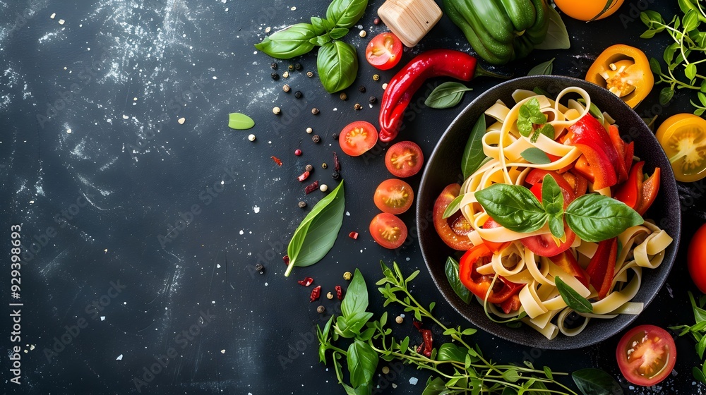 A bowl of pasta with vegetables and herbs on a black background A bowl of pasta with vegetables and herbs on a black background