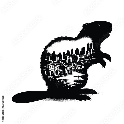 silhouette of Beaver silhouette, filled with ghetto street in rough drawing,