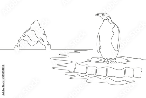 Continuous one line drawing penguin on an ice floe. Large iceberg. South Pole. Penguin stands by the water. One continuous line isolated minimal illustration.