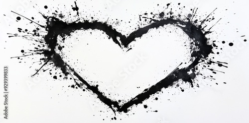 Black Splattered Oil Paint on White Background. Concept Gothic Art, Heart Shape, Black Splatter, Oil Paint, White Background.