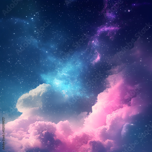 Enchanting Cosmic Sky with Vibrant Pink and Blue Clouds Against a Starry Night Background