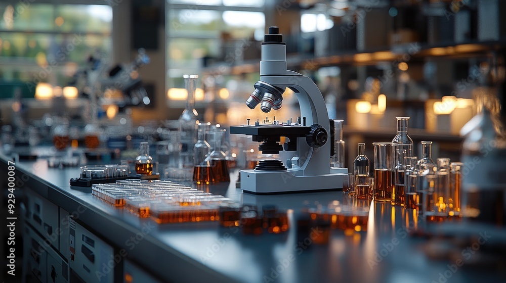 A Modern Microscope Surrounded by Laboratory Equipment in a Well-Lit Room A Modern Microscope Surrounded by Laboratory Equipment in a Well-Lit Room
