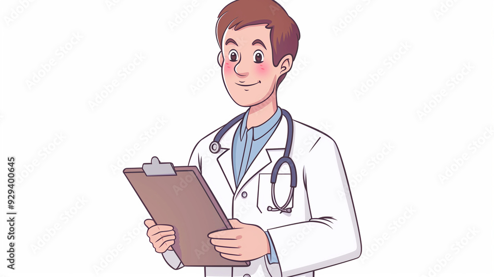 Illustration of a male doctor with brown hair, wearing a white coat and holding a clipboard and stethoscope, appearing friendly and professional. Illustration of a male doctor with brown hair, wearing a white coat and holding a clipboard and stethoscope, appearing friendly and professional.