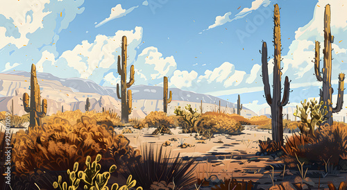 Illustration of a landscape with cacti in the desert. Concept of nature, travel, and the Wild West.