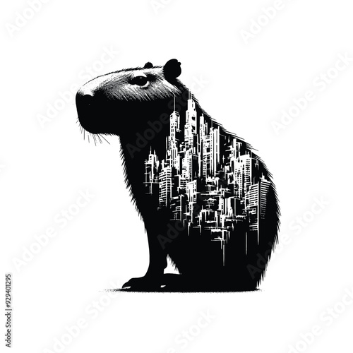 silhouette of Capybara, filled with destroyed futuristic dystopia environment in rough drawing,