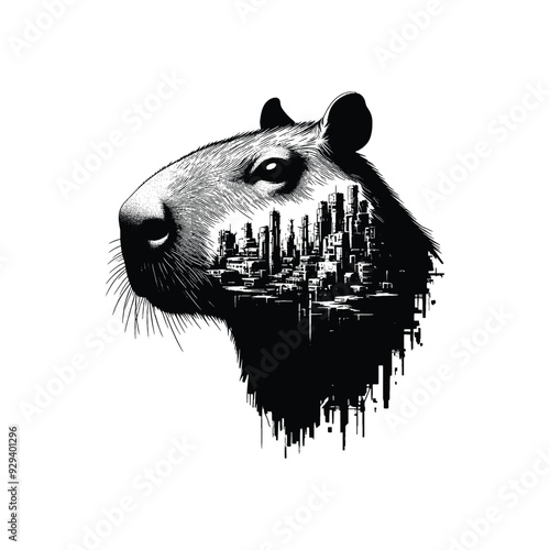 silhouette of Capybara, filled with destroyed futuristic dystopia environment in rough drawing,
