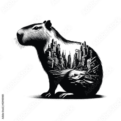 silhouette of Capybara, filled with destroyed futuristic dystopia environment in rough drawing,