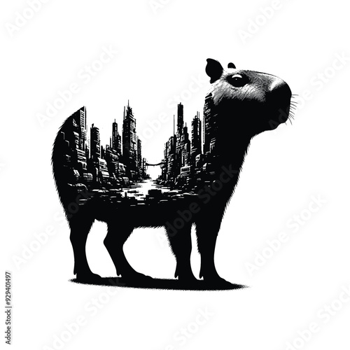 silhouette of Capybara, filled with destroyed futuristic dystopia environment in rough drawing,