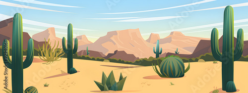Illustration of a landscape with cacti in the desert. Concept of nature, travel, and the Wild West.