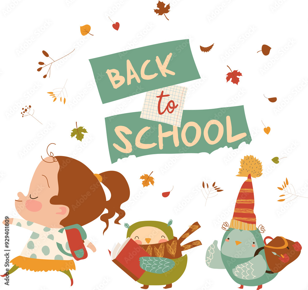Funny girl going to the school with happy owls Funny girl going to the school with happy owls